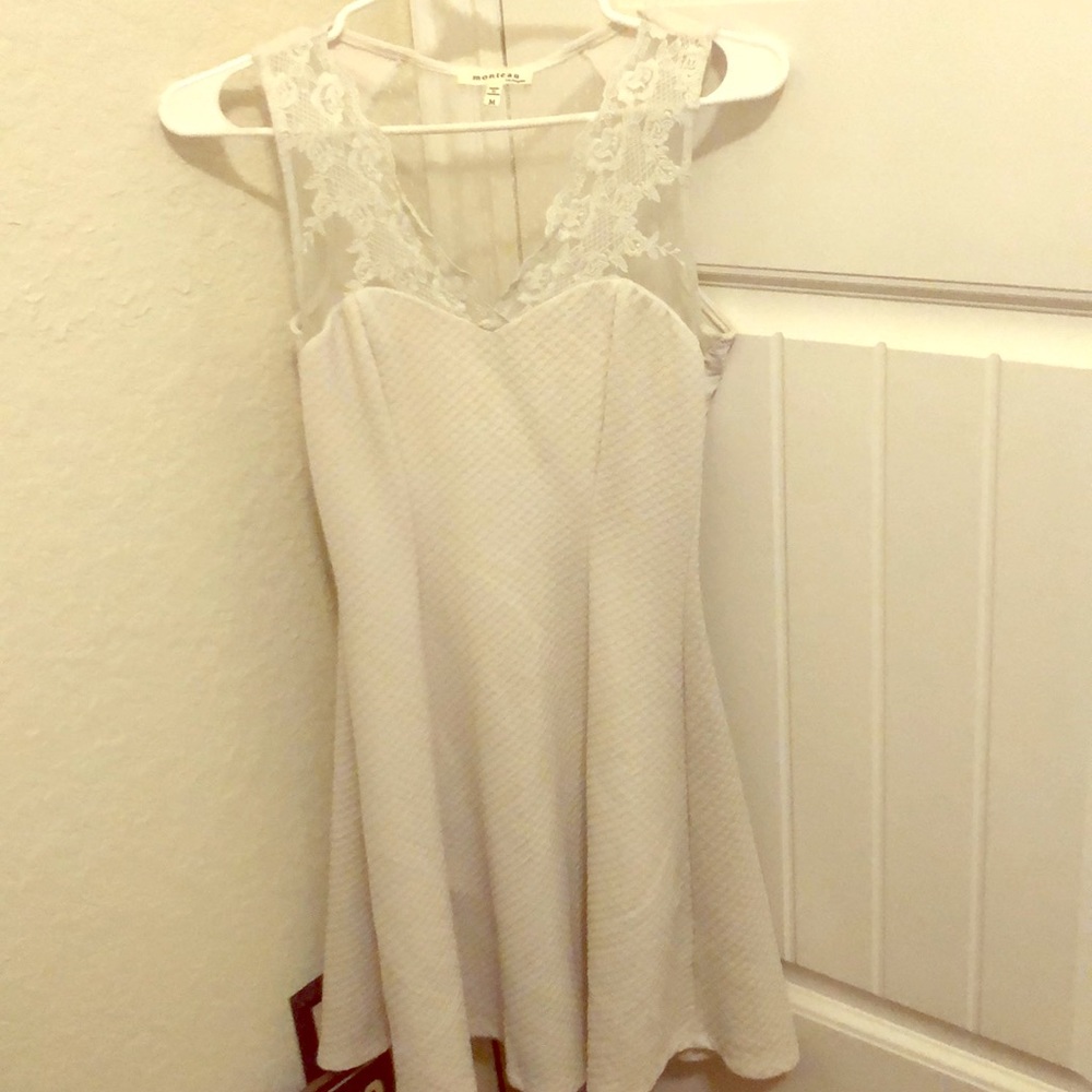 WHITE W/LACE STRETCH SKATER MINI DRESS